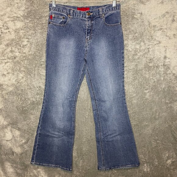 Vtg Let Me B Y2K Women Hip Hop Mid Rise Stretch Flared Blue Denim Jean 16P - Picture 2 of 12